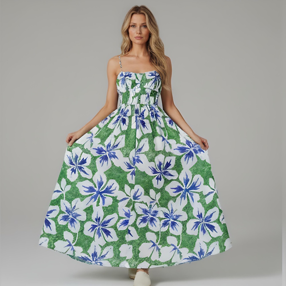 Boho Floral Shirred Bodice Maxi Dress Green/Blue